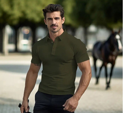 spotlifesz Solid Men Polo Neck Dark Green T-Shirt