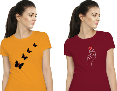 Stylimo Printed Women Round Neck Orange, Maroon T-Shirt