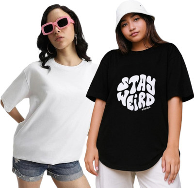 R S Fashion Printed Women Round Neck White, Black T-Shirt