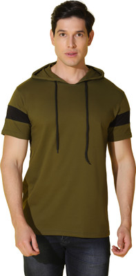 Restore Solid Men Hooded Neck Dark Green T-Shirt