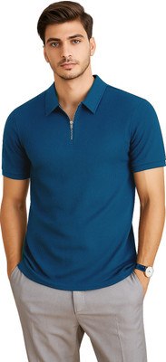 RMLKN Self Design Men Zip Neck Blue T-Shirt