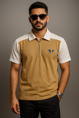 Ajmir Style Hub Colorblock Men Polo Neck Beige T-Shirt