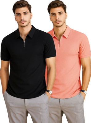 RMLKN Self Design, Solid Men Zip Neck Pink, Black T-Shirt
