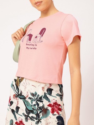 Dressberry Printed Women Round Neck Pink T-Shirt