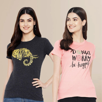 METRONAUT Printed Women Round Neck Black, Pink T-Shirt