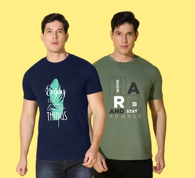 WOOSTRO Printed Men Round Neck Green, Blue T-Shirt