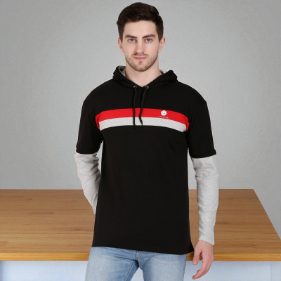Faricon Trend Colorblock Men Round Neck Black T-Shirt