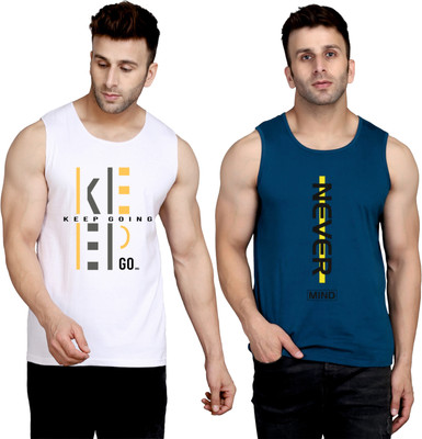 SLOWLORIS Printed Men Round Neck White, Dark Blue T-Shirt