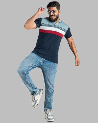 Itease Colorblock Men Polo Neck Blue T-Shirt