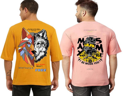 Clothy Trend Geometric Print Men Round Neck Yellow, Pink T-Shirt