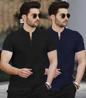 TRIPR Solid Men Mandarin Collar Black, Navy Blue T-Shirt