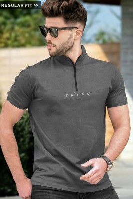 TRIPR Solid Men High Neck Grey T-Shirt