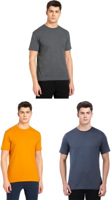 JOCKEY Solid Men Round Neck Grey, Yellow, Dark Blue T-Shirt