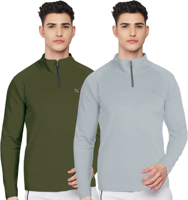 FTX Solid Men Zip Neck Dark Green, Silver T-Shirt