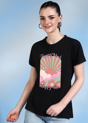 CHOZI Printed Women Round Neck Black T-Shirt
