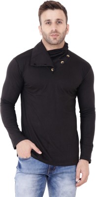 GEUM Solid Men High Neck Black T-Shirt