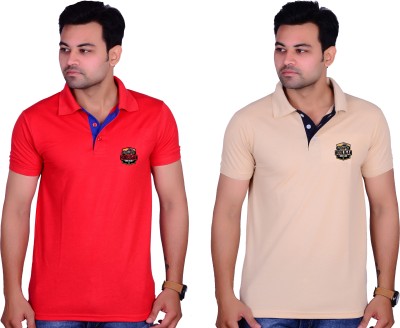 La Milano Solid Men Polo Neck Beige, Red T-Shirt