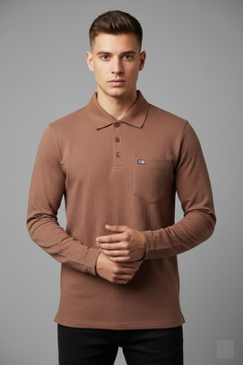 SAND PIPER Self Design Men Polo Neck Orange T-Shirt
