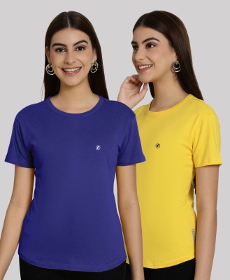 FRISKERS Solid Women Mandarin Collar Dark Blue, Yellow T-Shirt