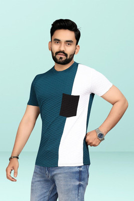 TANNU FAB Self Design Men Boat Neck Blue T-Shirt