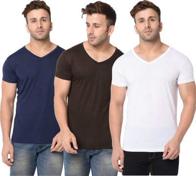 JB Jangoboy Solid Men V Neck Dark Blue, White, Brown T-Shirt