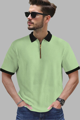 Conway Self Design Men Zip Neck Light Green T-Shirt