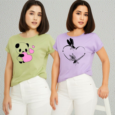 Lecowar Printed Women Round Neck Green, Purple T-Shirt