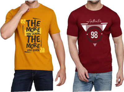 WOOSTRO Typography Men Round Neck Maroon, Yellow T-Shirt