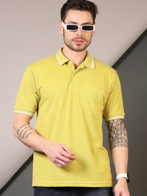 V-MART Solid Men Polo Neck Yellow T-Shirt