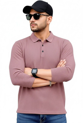 Moda Rapido Self Design Men Polo Neck Pink T-Shirt