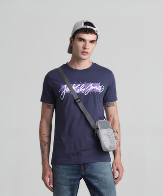 JACK & JONES Printed, Typography Men Round Neck Blue T-Shirt