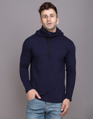 GEUM Solid Men Hooded Neck Dark Blue T-Shirt