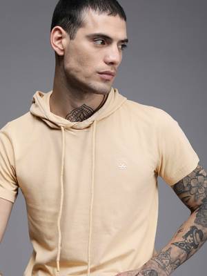 WROGN Solid Men Hooded Neck Beige T-Shirt