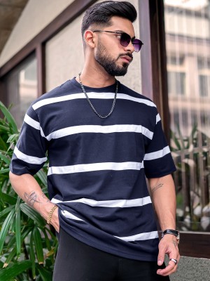 MANIAC Striped Men Round Neck Navy Blue T-Shirt