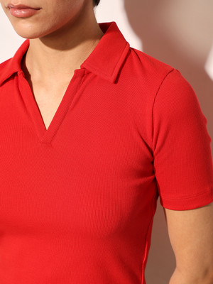 ONLY Solid Women Polo Neck Red T-Shirt