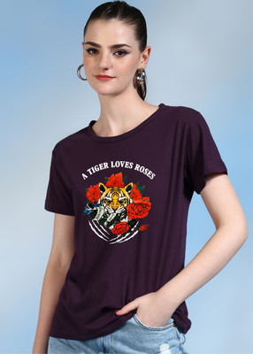 Moda Rapido Printed Women Round Neck Purple T-Shirt