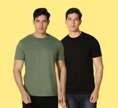 WOOSTRO Solid, Printed Men Round Neck Black, Green T-Shirt