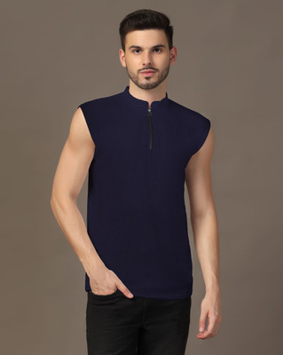 Blisstone Solid Men Mandarin Collar Navy Blue T-Shirt