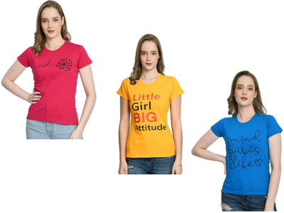 IndiWeaves Printed Women Round Neck Brown, Beige, Light Blue T-Shirt