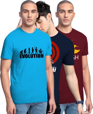 FADMARK Printed Men Round Neck Blue, Dark Blue, Maroon T-Shirt