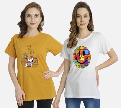 CHOQU Printed Women Round Neck Yellow, White T-Shirt