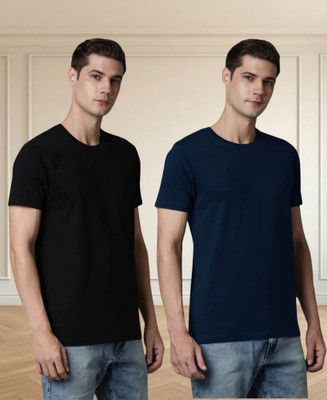 Vontade Solid Men Round Neck Dark Blue, Black T-Shirt