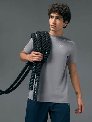 TECHNOSPORT Solid Men Round Neck Grey T-Shirt
