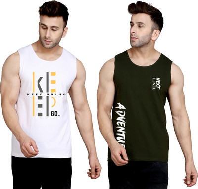 SLOWLORIS Printed Men Round Neck White, Dark Green T-Shirt