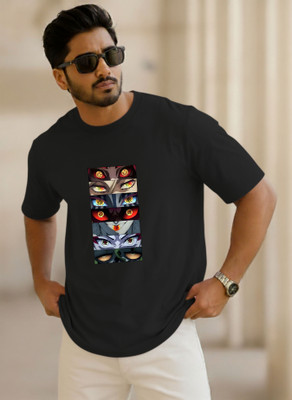 SINNER STREET Printed, Self Design Men Round Neck Black T-Shirt
