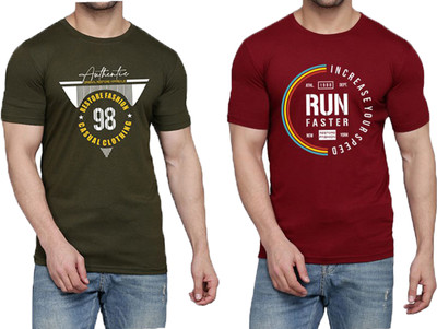 WOOSTRO Printed Men Round Neck Dark Green, Maroon T-Shirt
