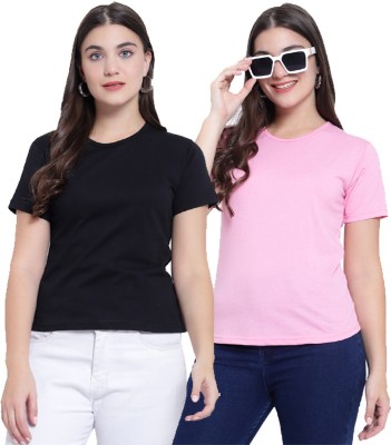 MARIAM ENTERPRISE Solid Women Round Neck Black, Pink T-Shirt