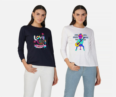 CHOZI Printed Women Round Neck Navy Blue, White T-Shirt