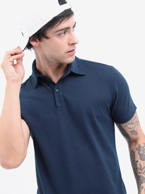 HIGHLANDER Solid Men Polo Neck Blue T-Shirt