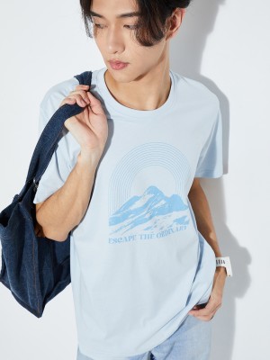 MAX Printed Men Round Neck Light Blue T-Shirt